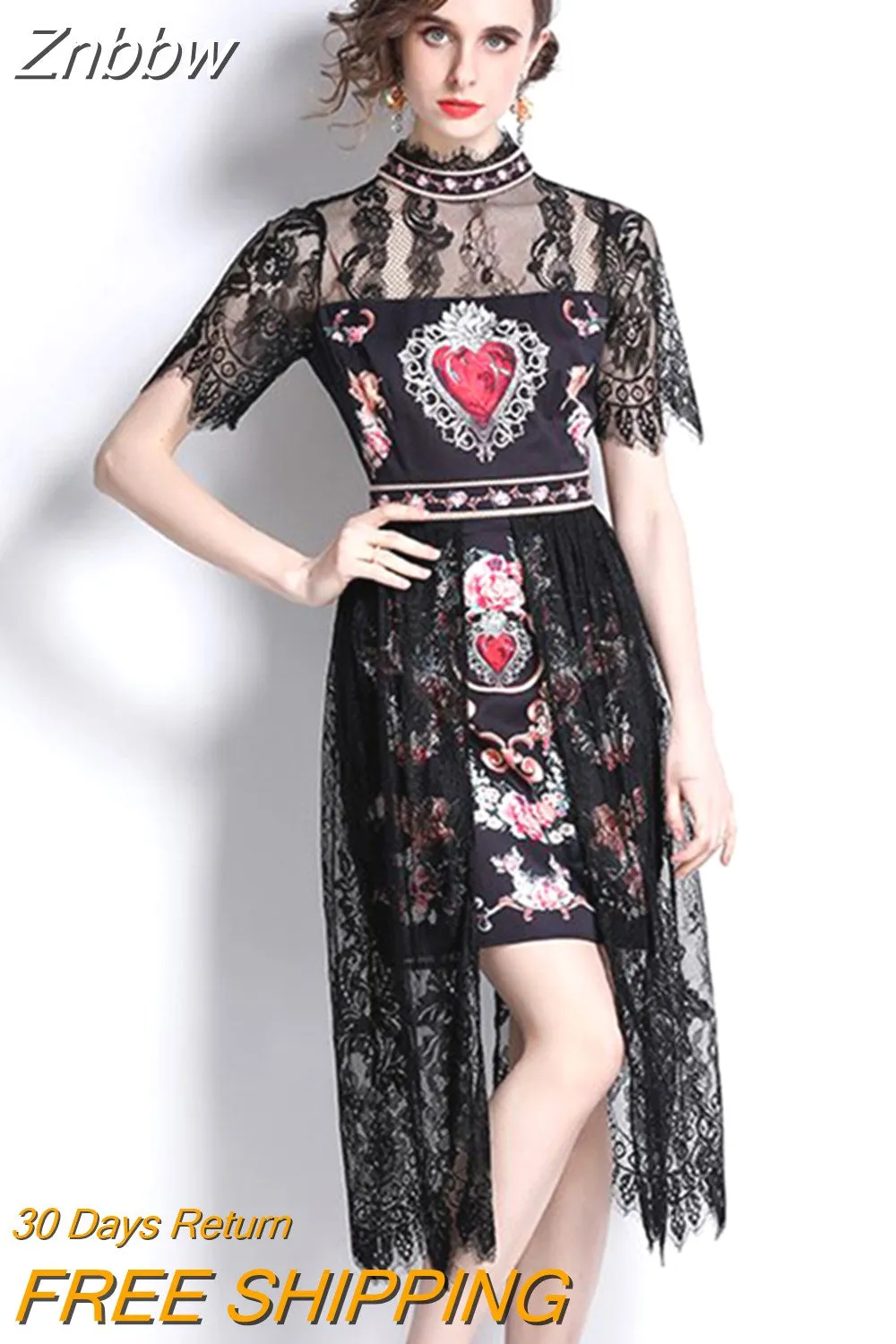 Znbbw Summer Runway Midi Dress Women's Stand Collar Sexy See Through Black Lace Patchwork Red Heart Print Party Vestidos N62115