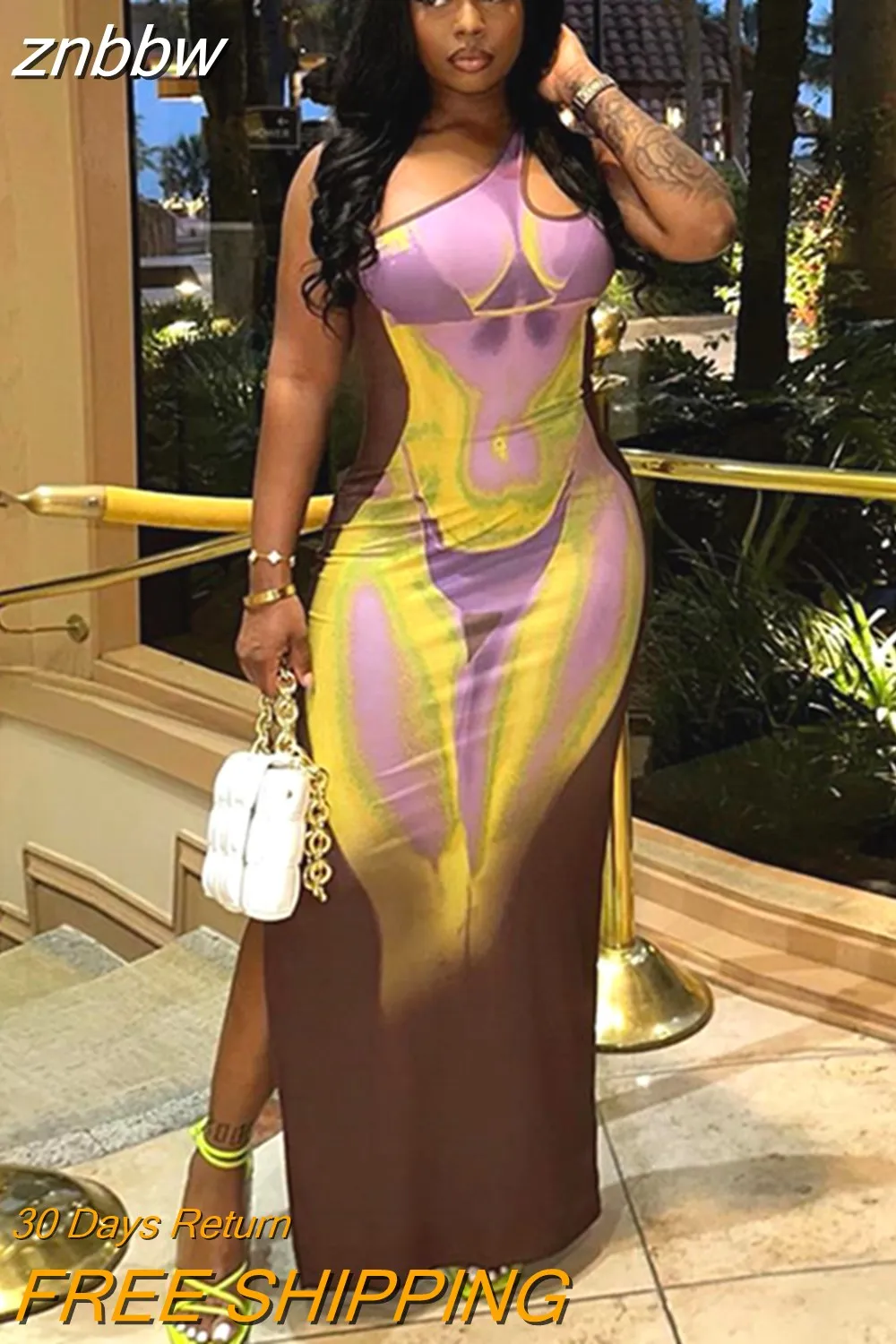 znbbw Summer Sexy One Shoulder Print Maxi Dress For Women 2023 Sleeveless Slim Fit Hollow Out Long Dresses Casual Club Dress