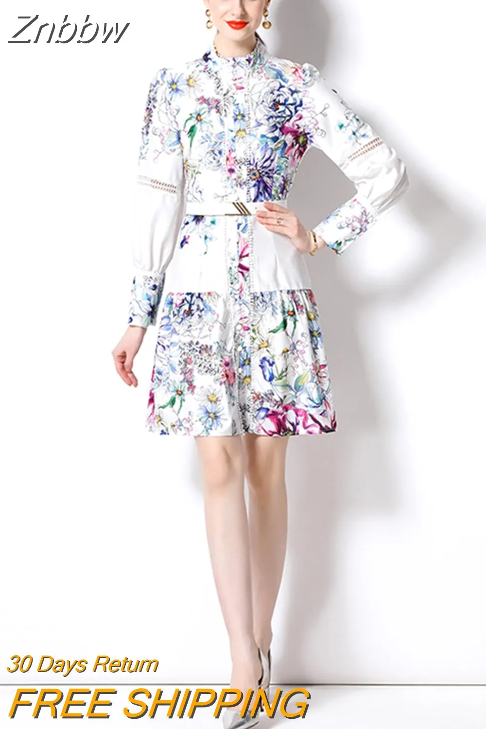 Znbbw Print Lace Patchwork Tassel Trims Hollow Out Dress Women Lantern Long Sleeve Buttons Sashes A Line Short Dresses N6911