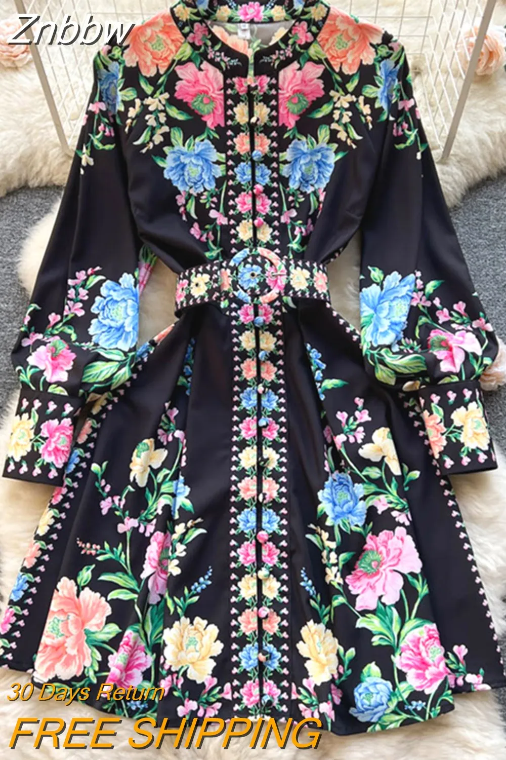 Znbbw Women Dresses Summer 2023 Runway Fashion Floral Print Bohemian Dress O-Neck Long Lantern Sleeve Buttons Up Belted Mini Dress