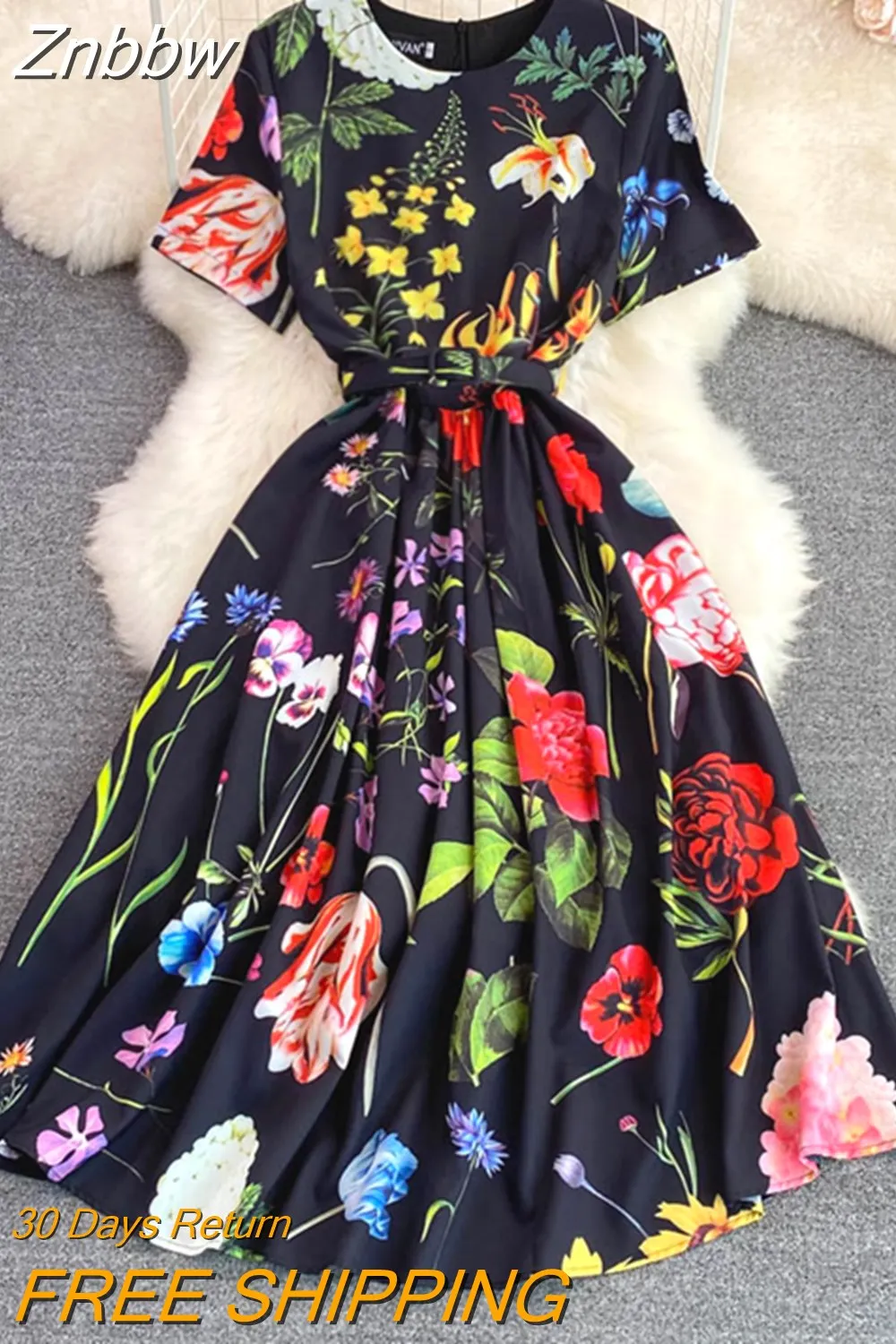 Znbbw 2023 Summer Runway O-Neck Short Sleeve Midi Dress Women Floral Print Office Lady Work One Piece Dress with Belt