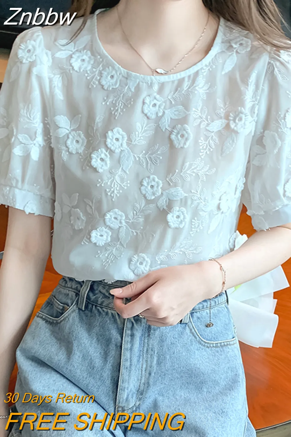 Znbbw Flower Embroidered Chiffon Shirts Women 2023 Summer White Puff Sleeve Blouses O Neck Casual Elegant Tops Clothing 27012