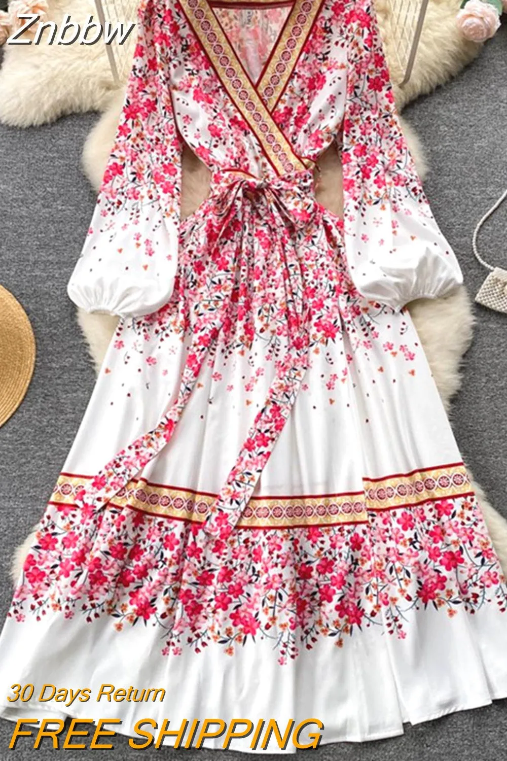 Znbbw Fashion Runway Long Dress Women's V-Neck Puff Sleeve Floral Print Lace Up Belt Elegant Slim Holiday Party Vestidos