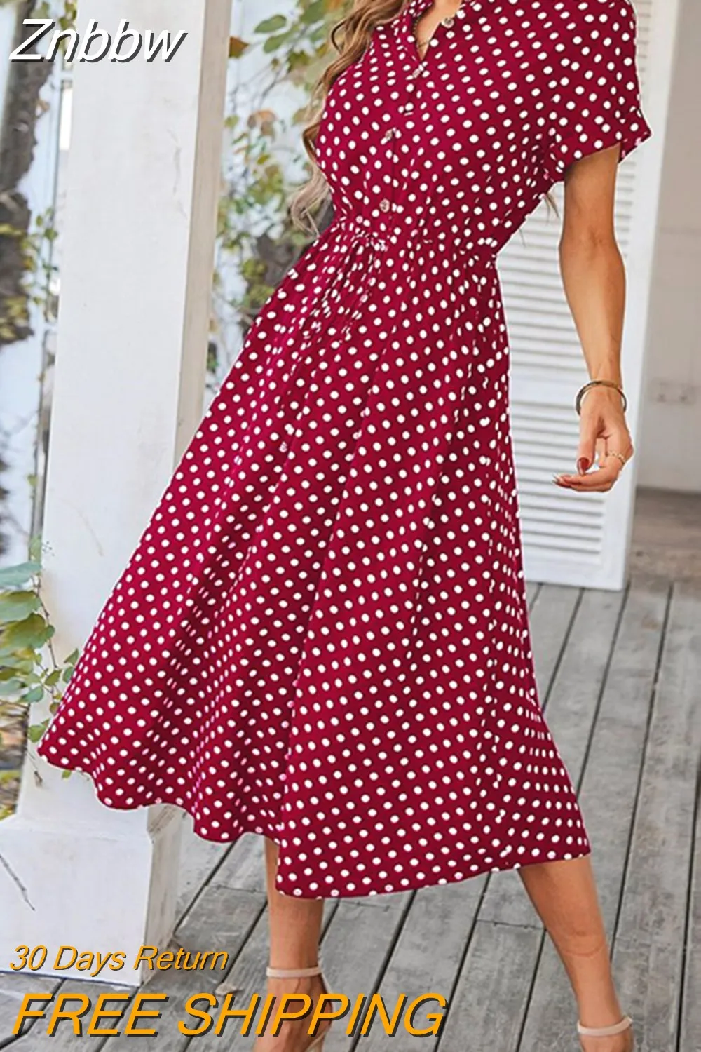Znbbw Dot Dress Women 2023 New Summer Casual V-Neck Button Short Sleeve Midi Dresses Female Holiday Boho Beach Dresses Vestidos