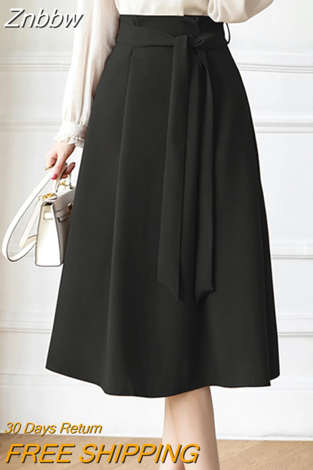 Znbbw Women A-Line Skirts Elegant Ruffles Waist Bow Sashes Casual Pleated Skirt Office Lady Vintage Midi Skirts Jupe Faldas Mujer 2023