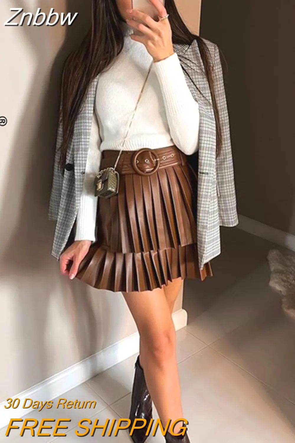 Znbbw ZBZA Women 2023 Pu Leather Mini Skirt with Belt Women High Waist Pleated Skirts womens Casual Streetwear Party 202309