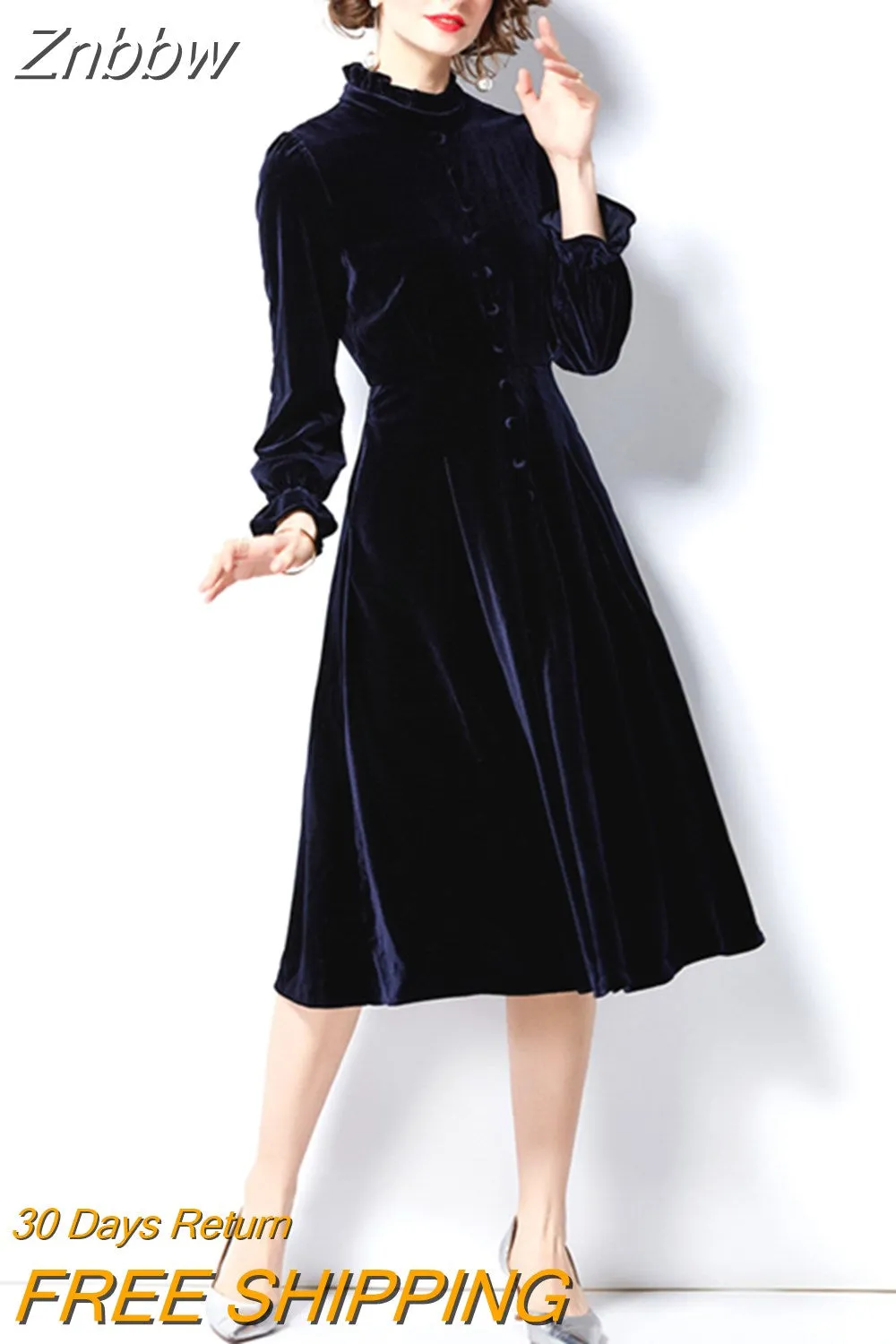 Znbbw Women Autumn & Winter Elegant Velvet Dress Festa Female High Quality Designer Party Vestidos Vintage Robe Femme N78819