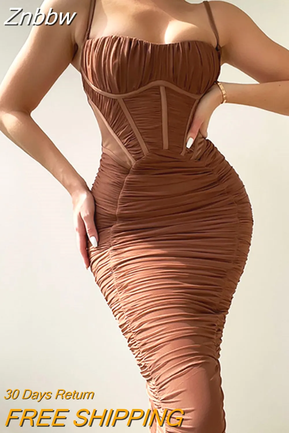 Znbbw Sexy Backless Mesh Ruched Maxi Dress Women Spaghetti Strap Elegant Female 2023 Summer Party Bodycon Long Dress