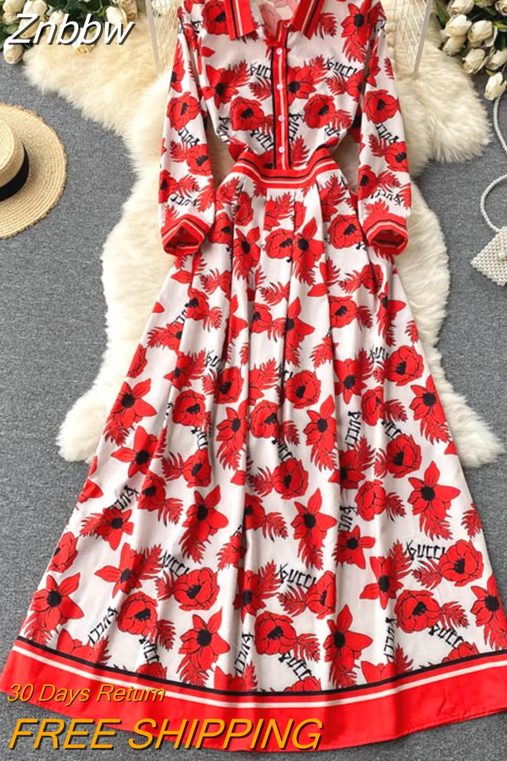 Znbbw 2023 Autumn Runway Long Dresses Women's Long Sleeve Gorgeous Flower Print Buttons up Holiday Party Dress Robe Longue 0410
