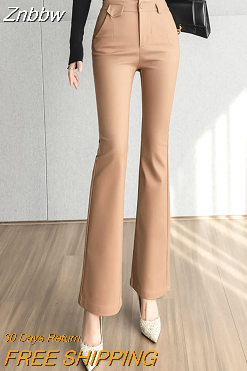 Znbbw Mid-Waist Women Flare Pants Simple Solid Slim Pants Long Trousers Womens Fashion Office Lady Casual Suit Pants