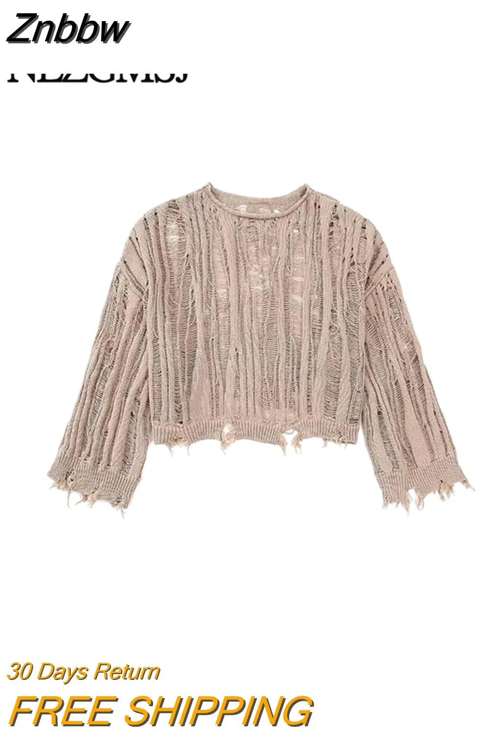 Znbbw TRAF Women Fashion Hem Ripped Knitted Sweater Female Chic O Neck Frayed Cropped Jumper Casual Loose Street Pullovers
