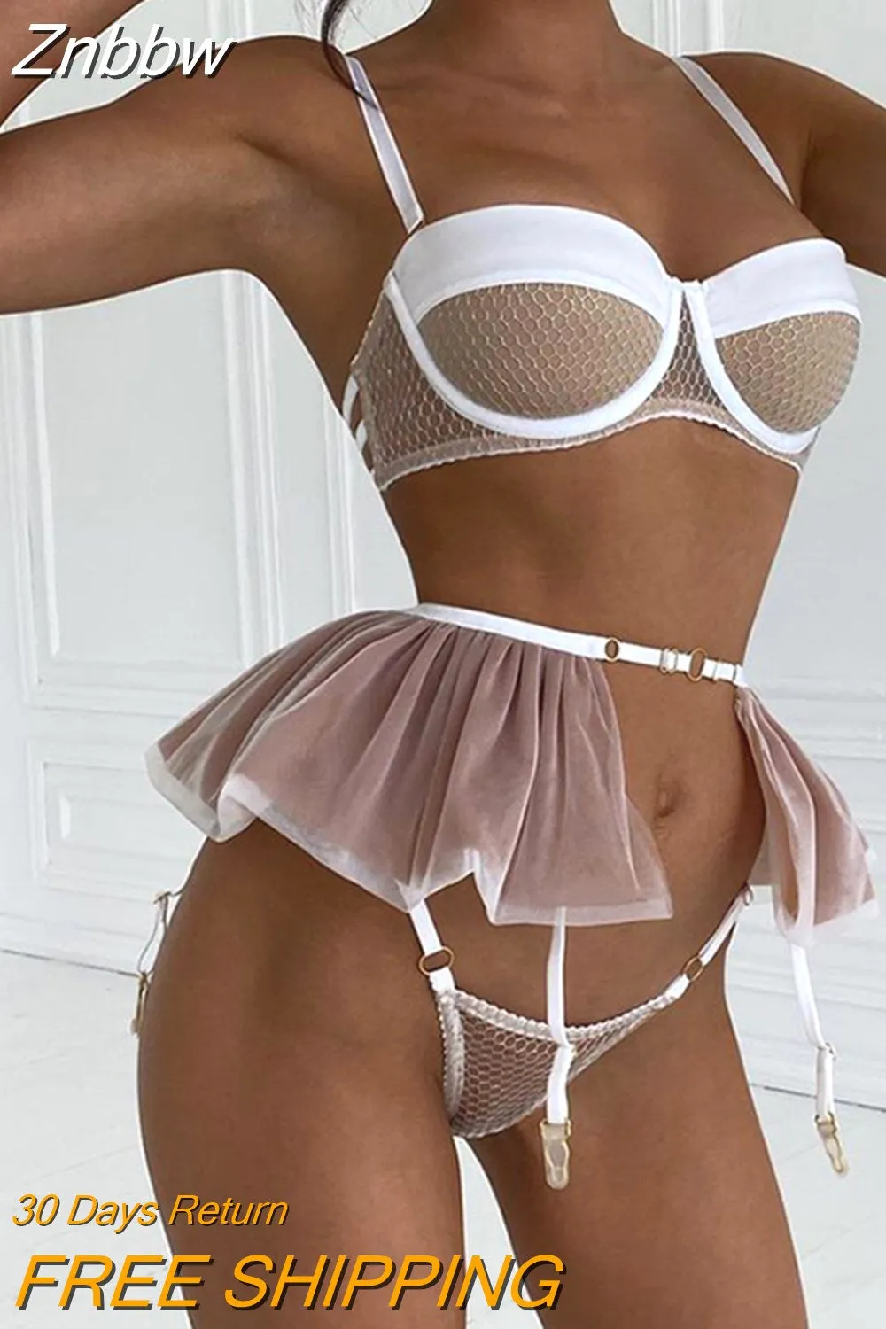 Znbbw Sexy Lingerie Mesh Patchwork Fancy Underwear Ruffle Garters Delicate Luxury Brief Set See Through Sensual Erotic Sets