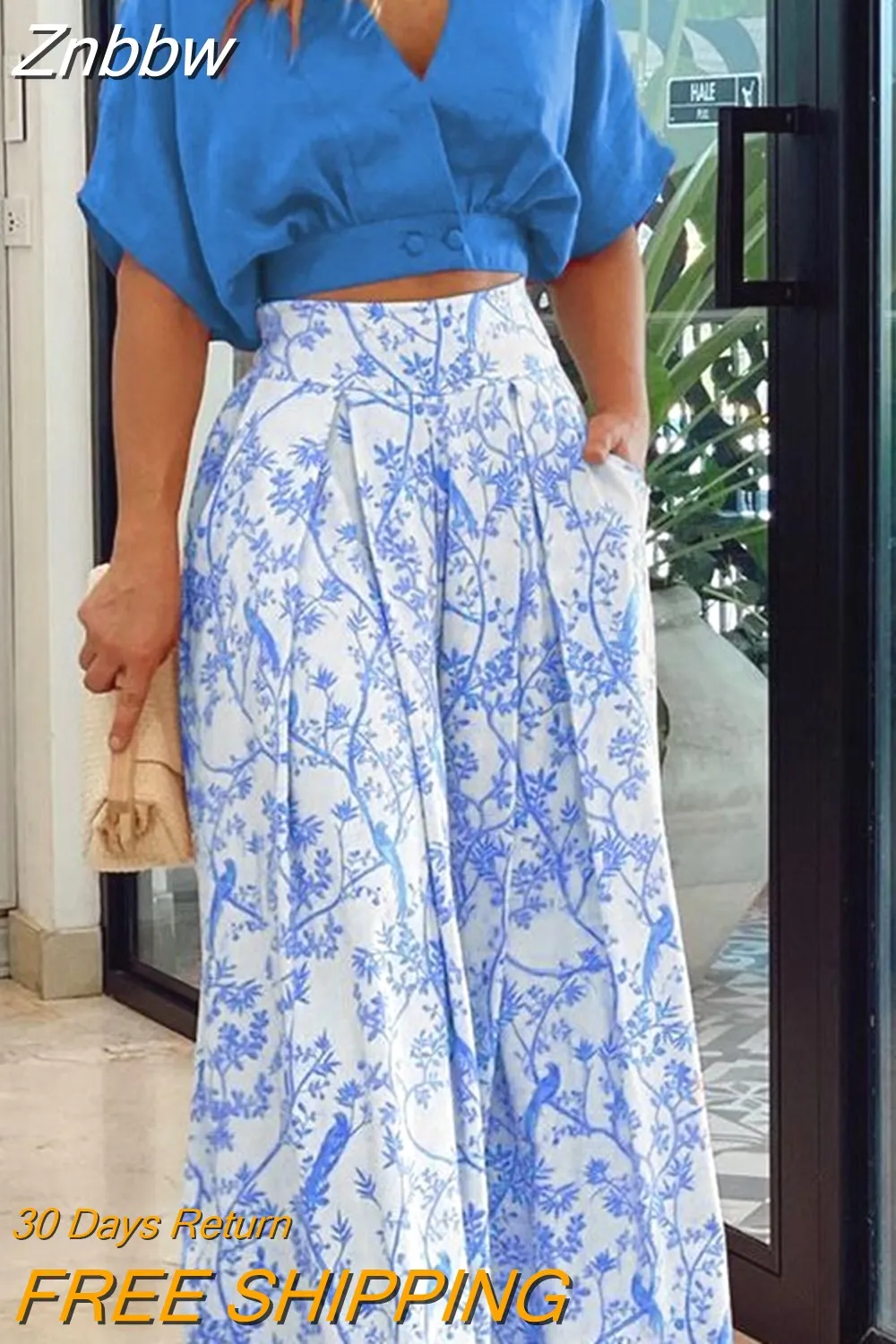 Znbbw Womens Two Piece Sets Elgant Floral Print Wide Leg Pant High Streetwear Sexy Mid Sleeve Shirt Short Puff Sleeve Printed Set