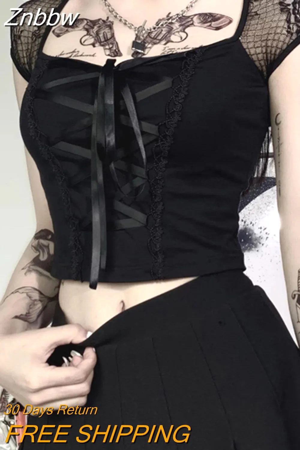 Znbbw Tops Goth T-shirt Women Bodycon Bandage Lace Black T-shirts Gothic Streetwear Sexy Female Top Casual Mesh Tee
