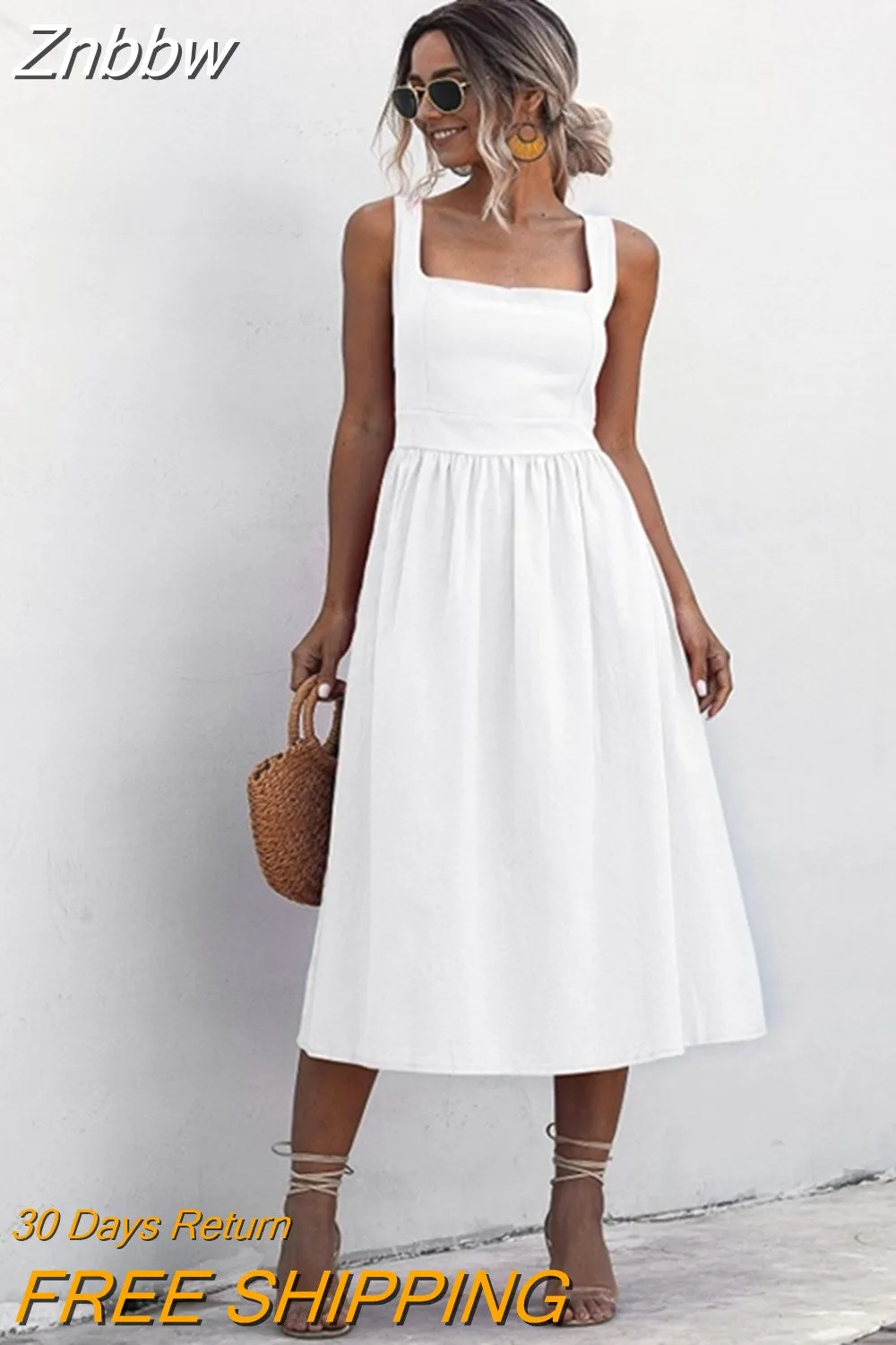 Znbbw Dress For Women Sexy Backless Casual White Black Ruched Midi Sundresses 2023 Summer Spaghetti Strap Women's Dress Clothing