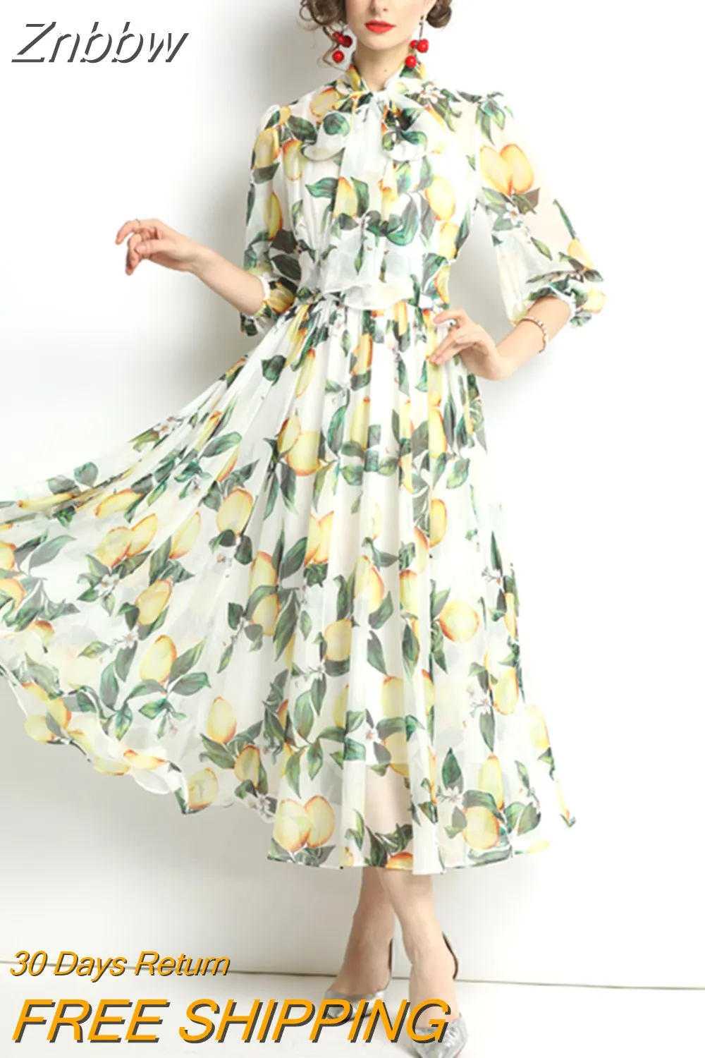 Znbbw Summer Vacation Runway Dress Women Bow Tie Floral Print Elegant Flowy Chiffon Dresses Ladies Midi Dress Vestidos N76663