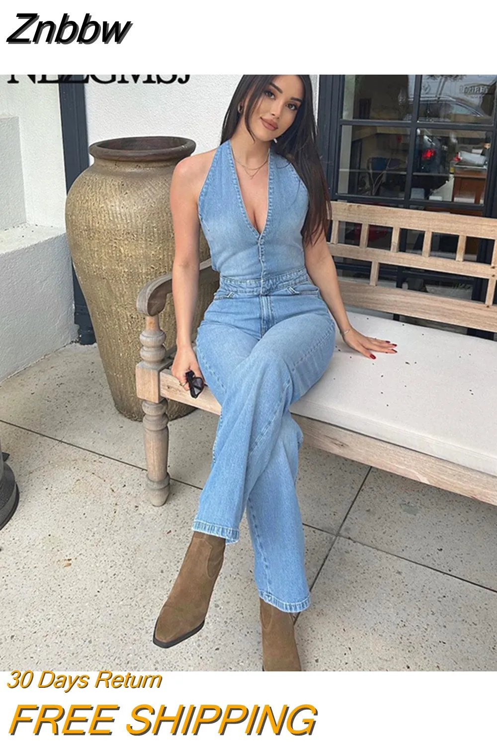 Znbbw TRAF 2023 Chic New Hanging Neck Denim Jumpsuit Backless Design Sense Stylish Female Elegant Jumpsuit Mujer