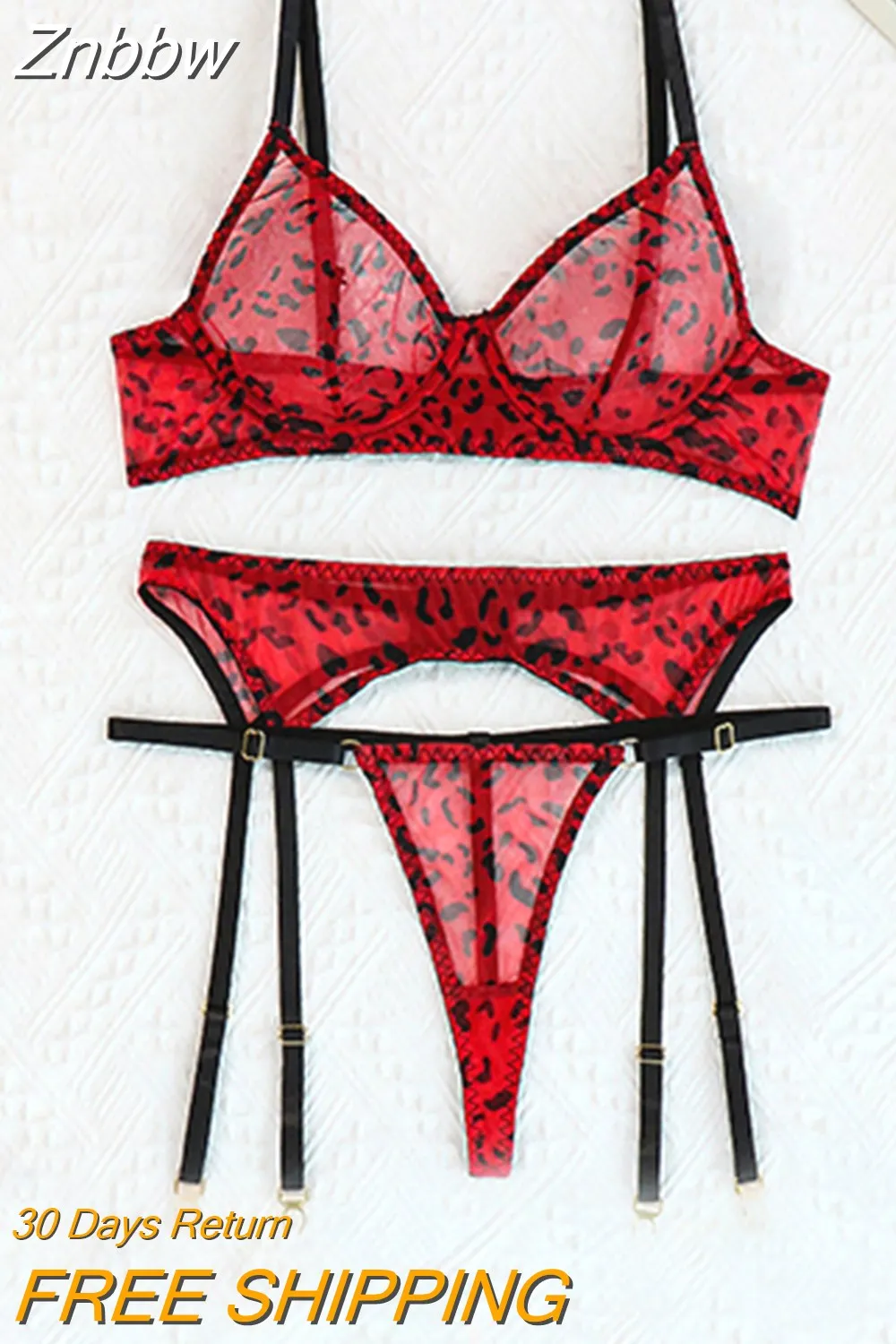 Znbbw Leopard Lingerie For Women Lace Set Of Underwear With Stockings 5-Pieces Erotic Thongs Garter Transparent Bra Pantyhose