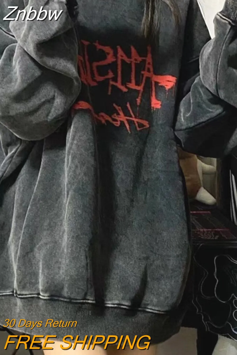 Znbbw Emo Gothic Print Oversized Sweatshirts Women Harajuku Vintage Loose Hoodies Long Sleeve Crewneck Pullovers Female Tops