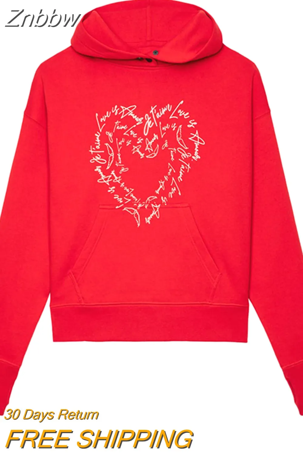 Znbbw Heart Printed Sweatshirts Women 2023 Spring Autumn Clothing Loose Hooded Sweatshirt Female Fashion Pullovers Hoodies Tops