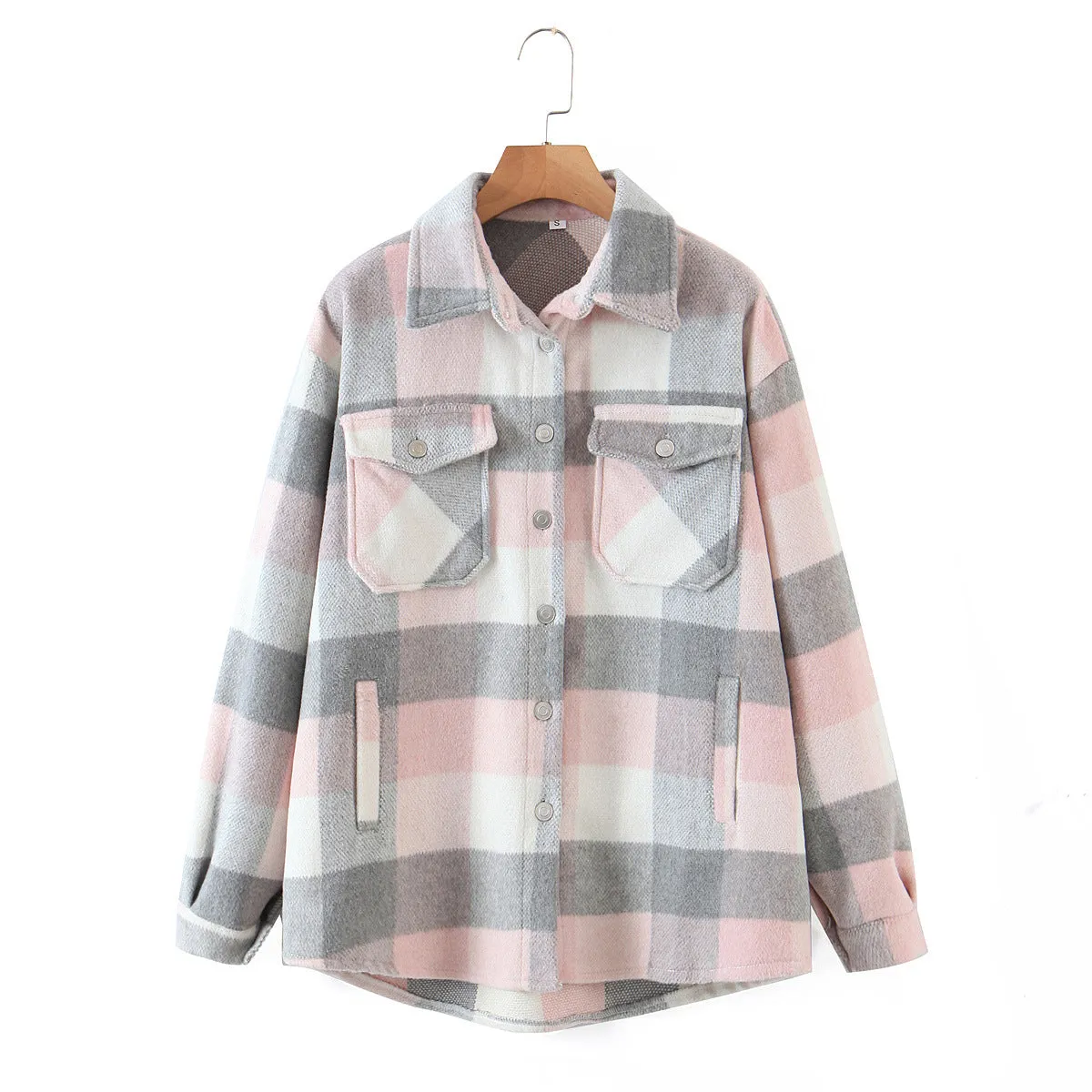 Znbbw New Autumn Sanded Blouse Women's Lapel Single-Breasted Plaid Coat
