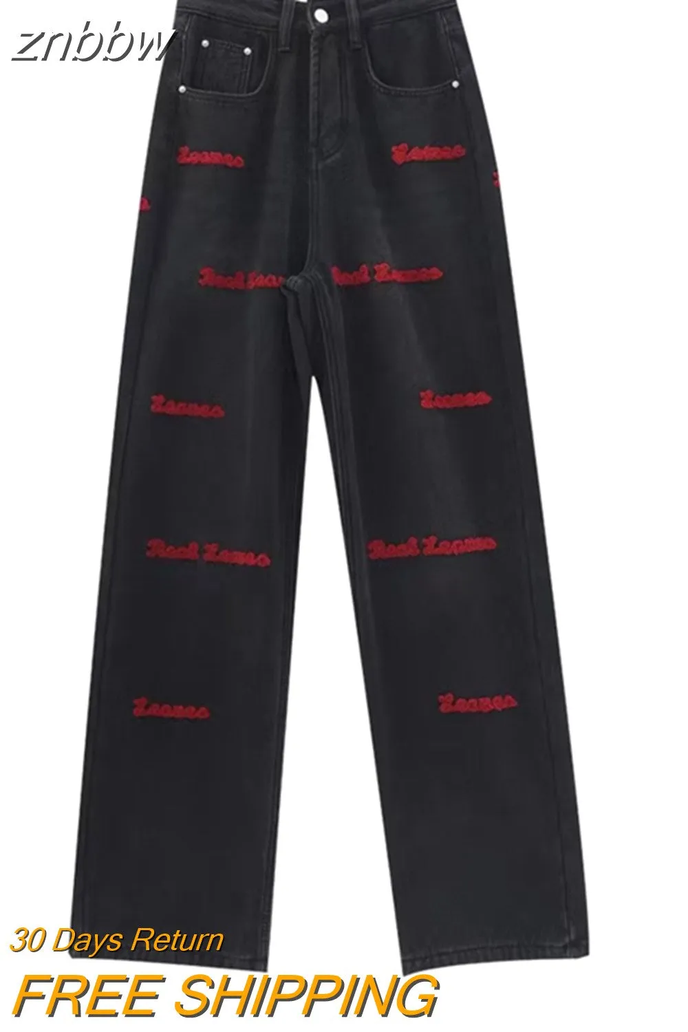 znbbw Embroidery High Waist Straight Black Jeans Pants 2023 Korean Style Women's Wide Leg Baggy Y2K Female Denim Trouser