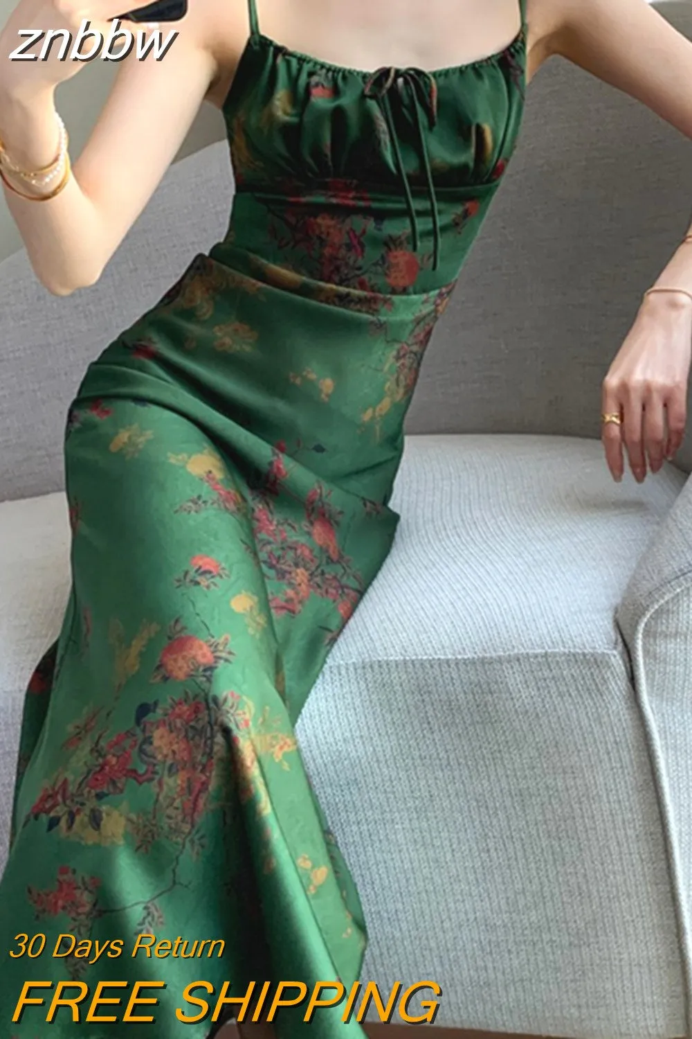 znbbw Women Spaghetti Strap Elegant Floral Printing Long Dress Summer Sleeveless Bodycon Slim Vintage Satin Vestidos Female Chic Robe