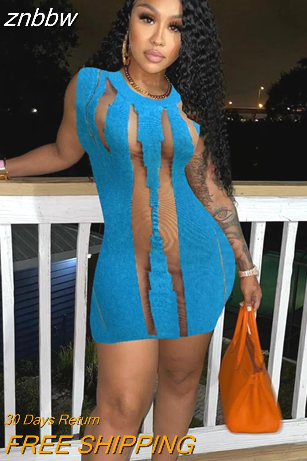 znbbw Summer Sexy Fashion Mesh Mini Dresses Club For Women 2023 O Neck Sleeveless Knited Slim Fit Short Dresses Party Dress