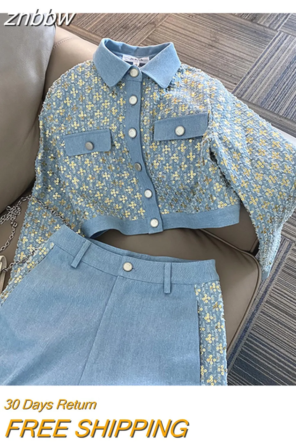 znbbw Fashion Denim Women Pants Two Piece Set Women Sequined Embroidery Button Jacket Coat + High Waist Wide Leg Trousers Suits