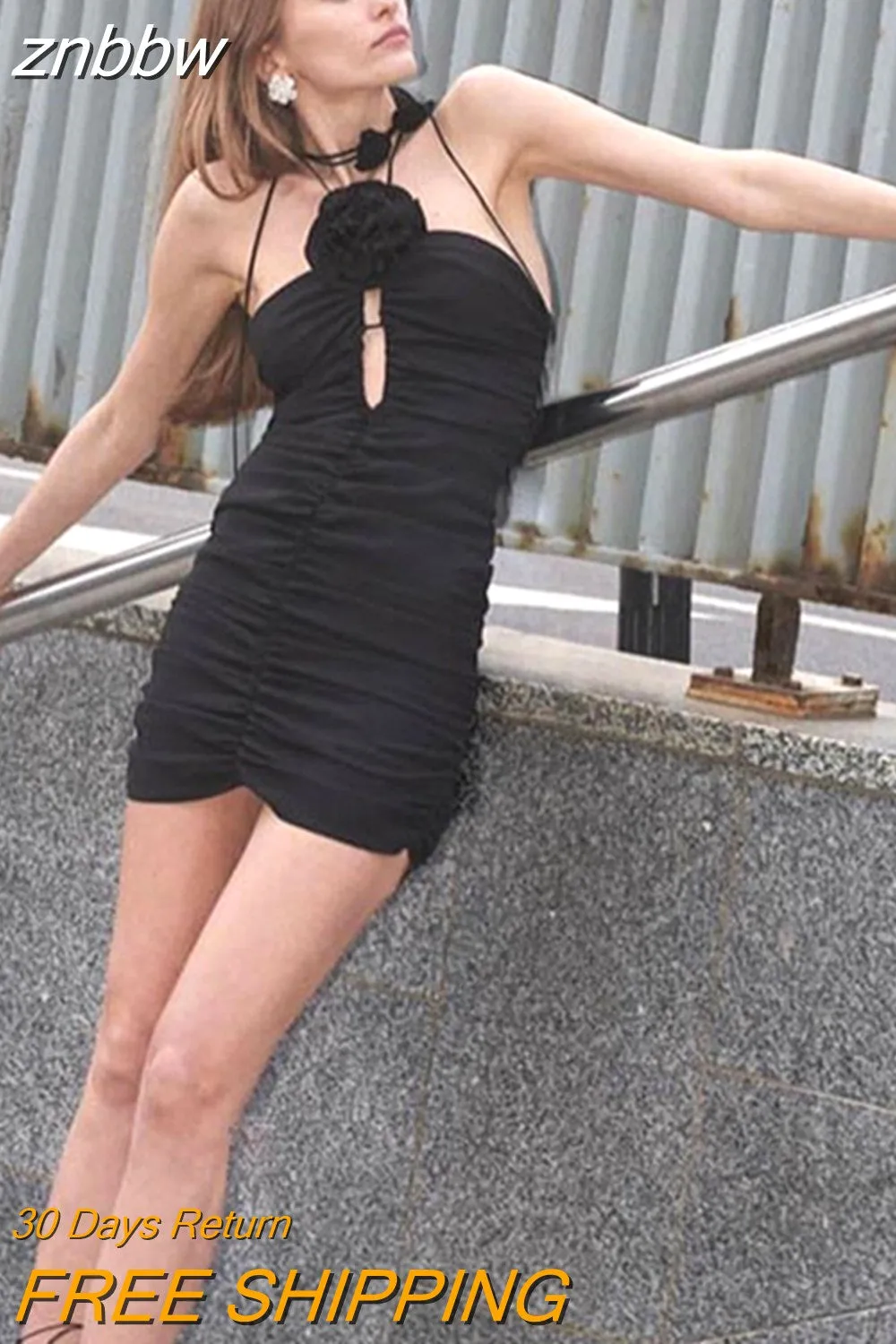znbbw Spring Sexy Black Halter Backless Bodycon Mini Dresses Club Outfit For Women 2023 Party Pleated Short Dress Female Dress