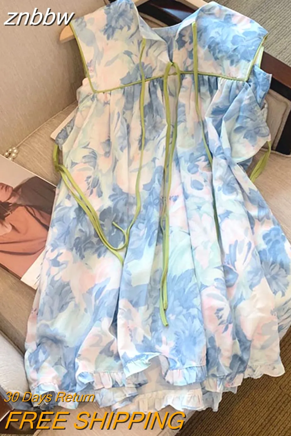 znbbw Fashion Printed Woman Maxi Dress Floral Loose Summer Kawaii Dresses Harajuku Knotted sleeves Casual Vestidos Robe Femme