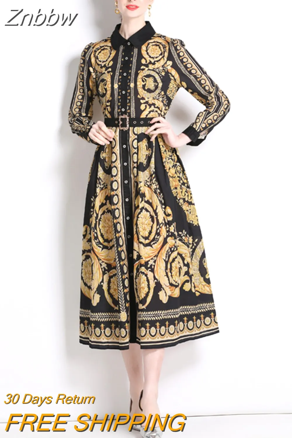 Znbbw Vintage Midi Dress Spring Autumn Fashion Designer Women's Lapel Single Breasted High Street Flower Print Belt OL Dress