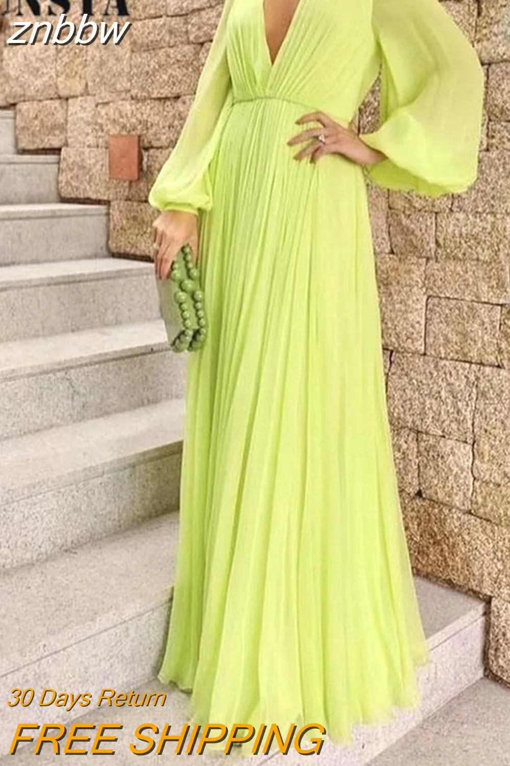 znbbw Women Sexy New Loose Dress Lady Elegant Deep-V Solid Color Draped Maxi Dress Fashion Long Sleeve Temperament Banquet Party Dress 0410