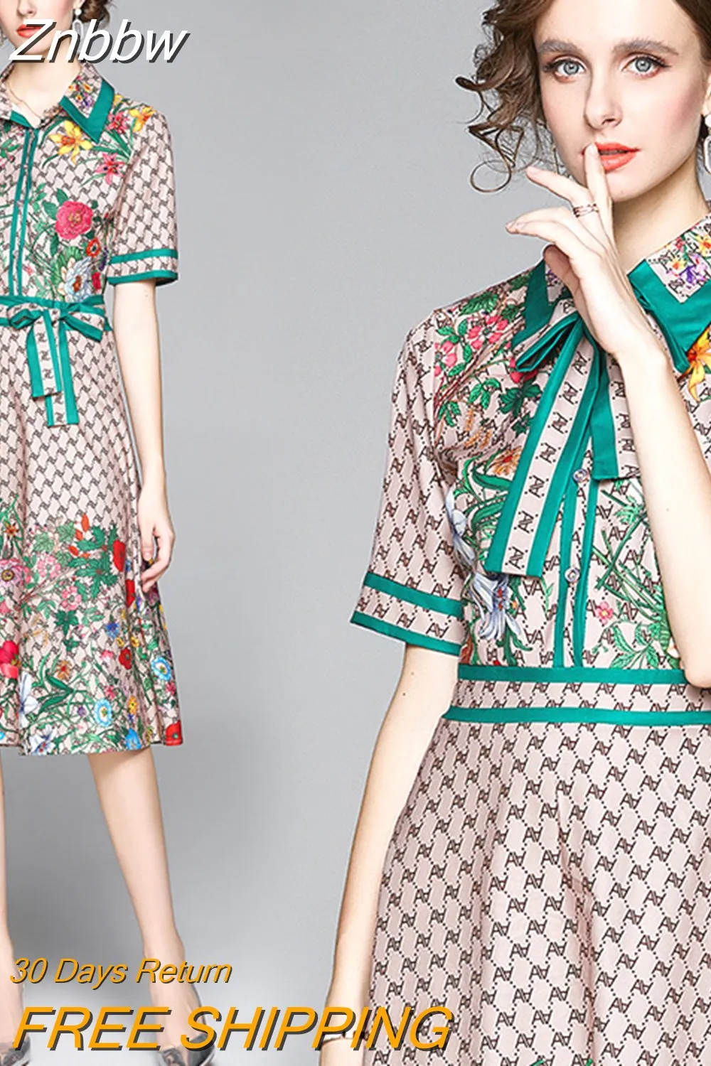 Znbbw Fashion Runway Design Summer Dress Women's Short Sleeve Turn Down Neck Bow Letter Floral Print Midi Dress Vestidos
