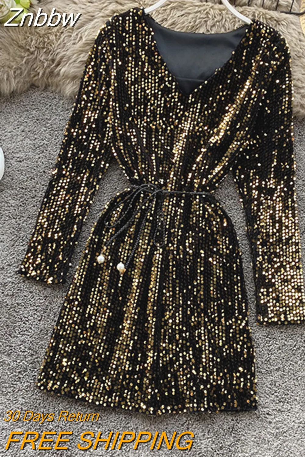 Znbbw Spring Autumn Women's Sequin V-neck Dress Long Sleeve Dress New Temperament Slim Sexy Party Dress Bottoming Dress Y245
