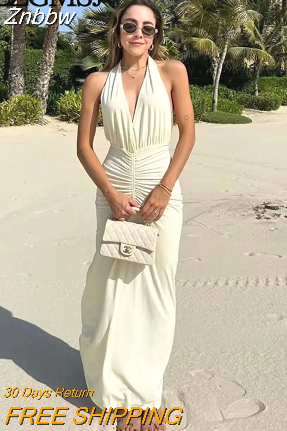 Znbbw TRAF Backless Pleated Dress V-neck Skinny Dress Women Elegant Sleeveless Solid 2023 Summer Female Wedding Party Clothing 0410