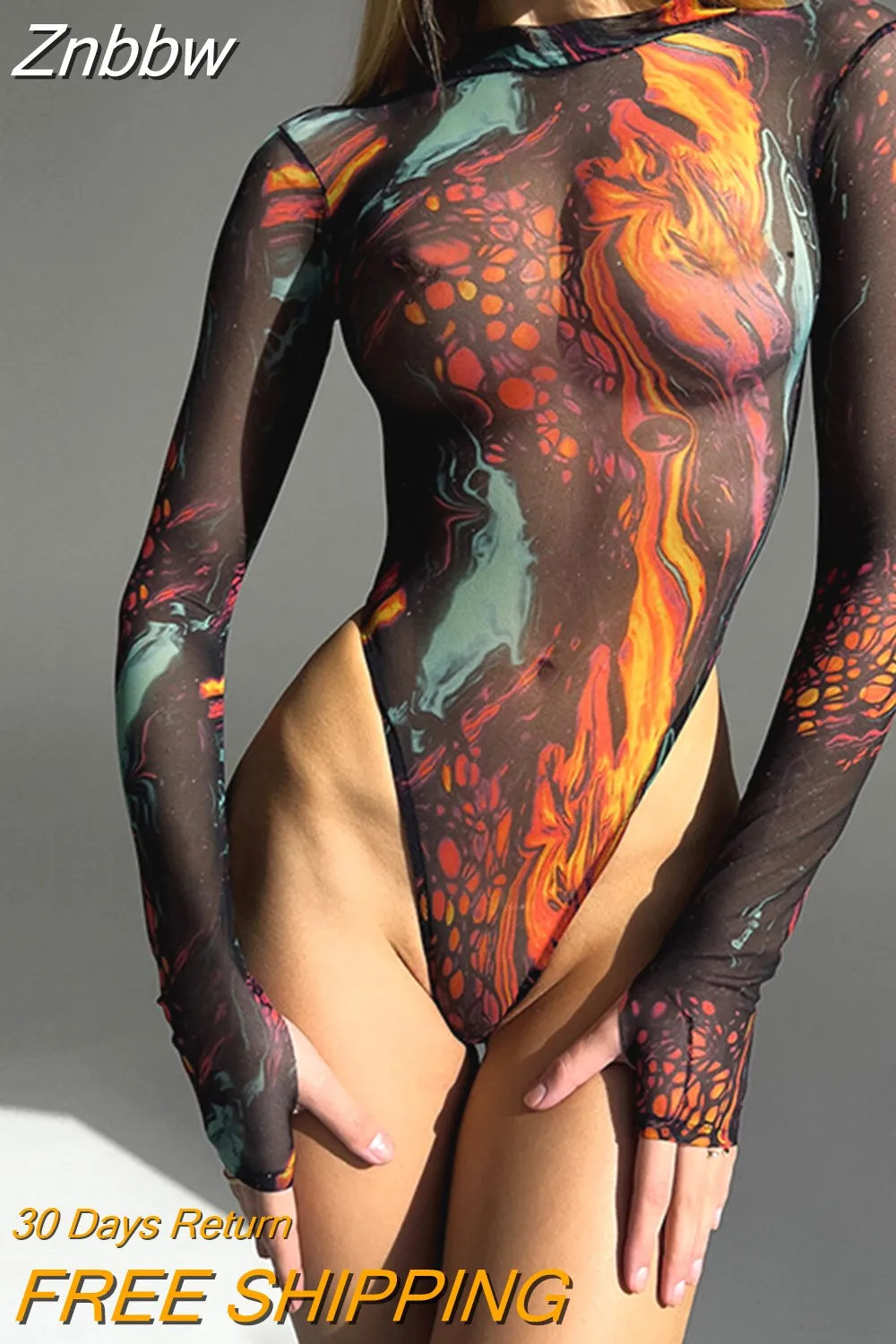 Znbbw Tie Dye Bodysuit Long Sleeve Lingerie Body Uncensored Tight Fitting Woman Crotchless Mesh Sexy Tops See Through Outfit