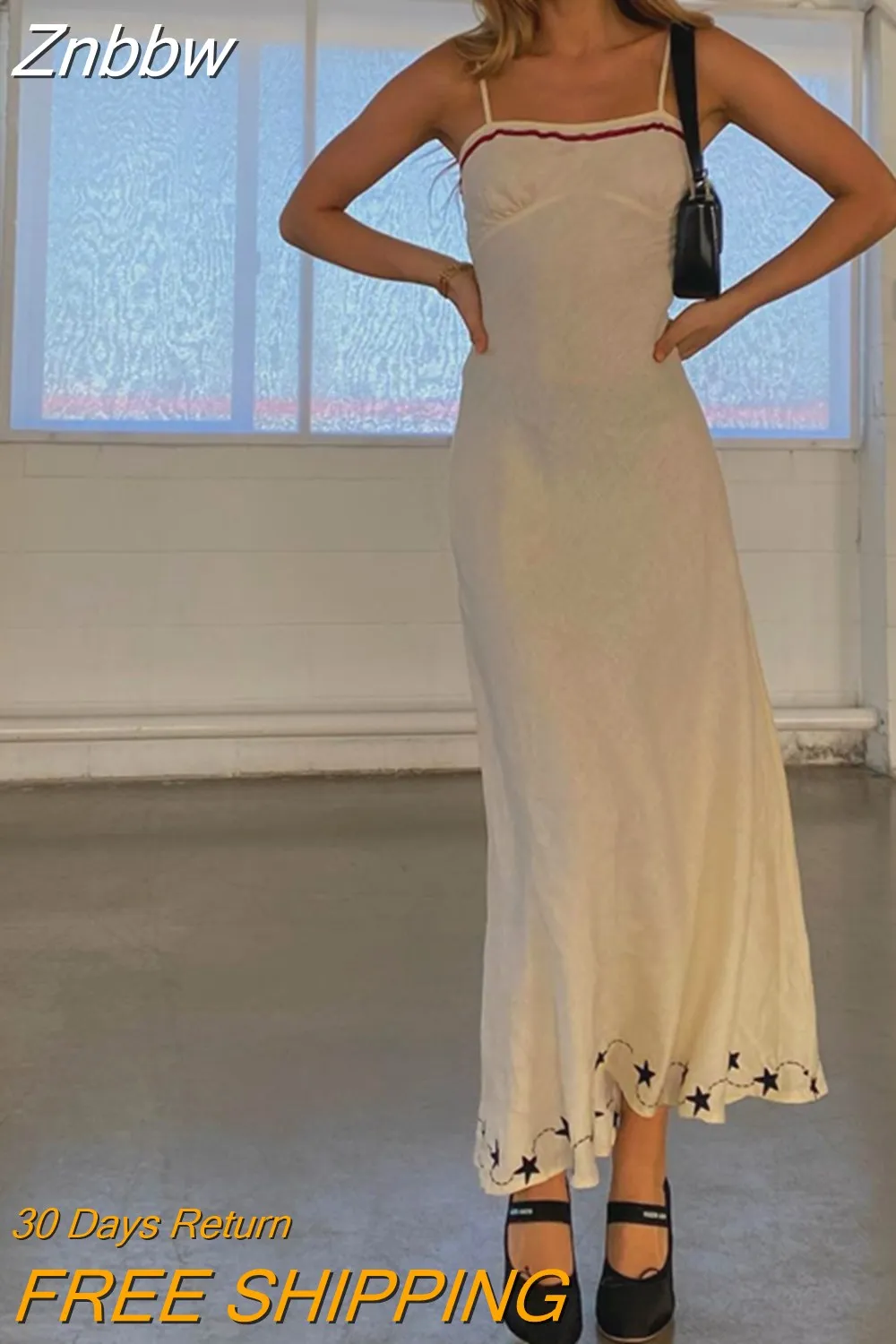 Znbbw Retro Spaghetti Strap Dress Elegant Lady Fairycore Vintage Star Print Long Dresses Chic Women 2000s Kawaii Streetwear
