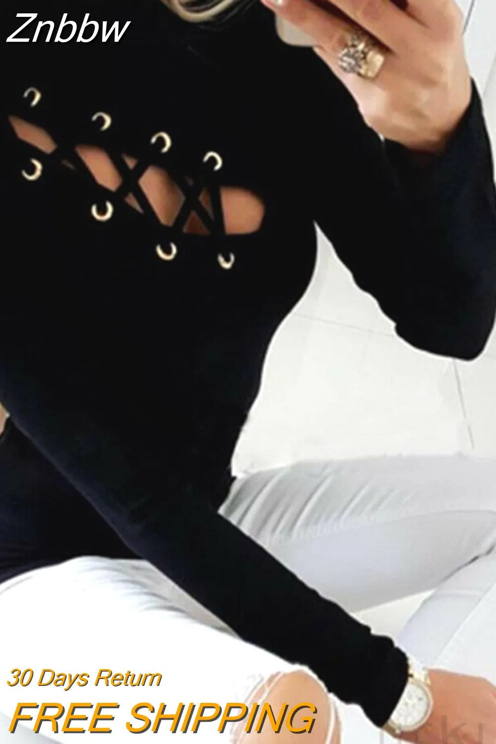 Znbbw Spring New 2023 Top T shirts Hot Sale Long Sleeve Hollow Out Solid T-shirts Women Clothing Fashion Slim T-shirt Clothes