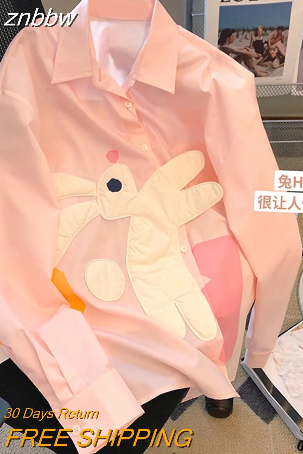 znbbw Fashion Kawaii Pink Loose Long Sleeve Single Breasted Shirt 2023 Spring Women's Turn-Down Collar Casual Female Blouse