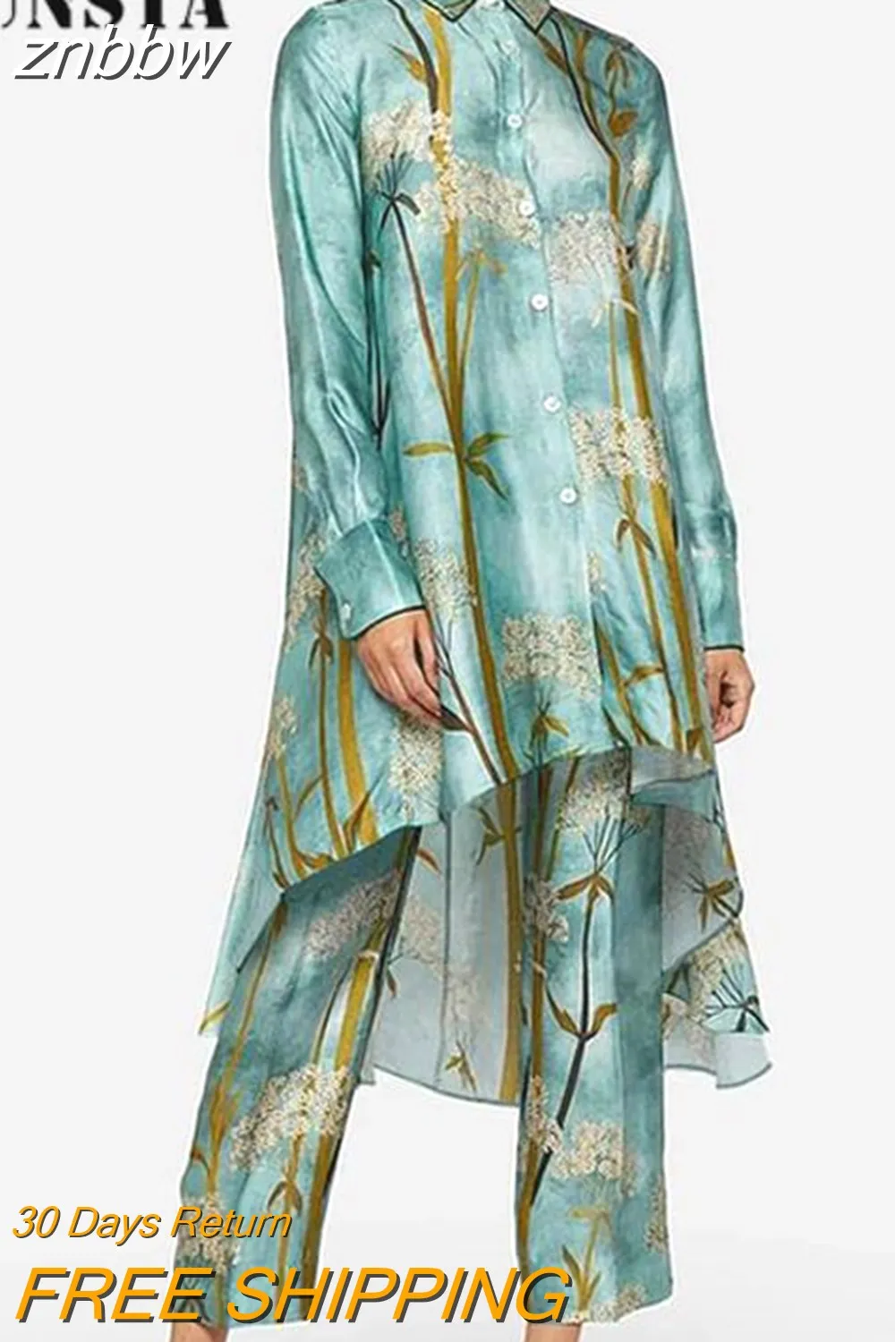 znbbw Women Spring Chic New Loose Outfits Fashion Street Long Sleeve Shirt Suits Lapel Shirts + Trousers Art Print Two Piece Set