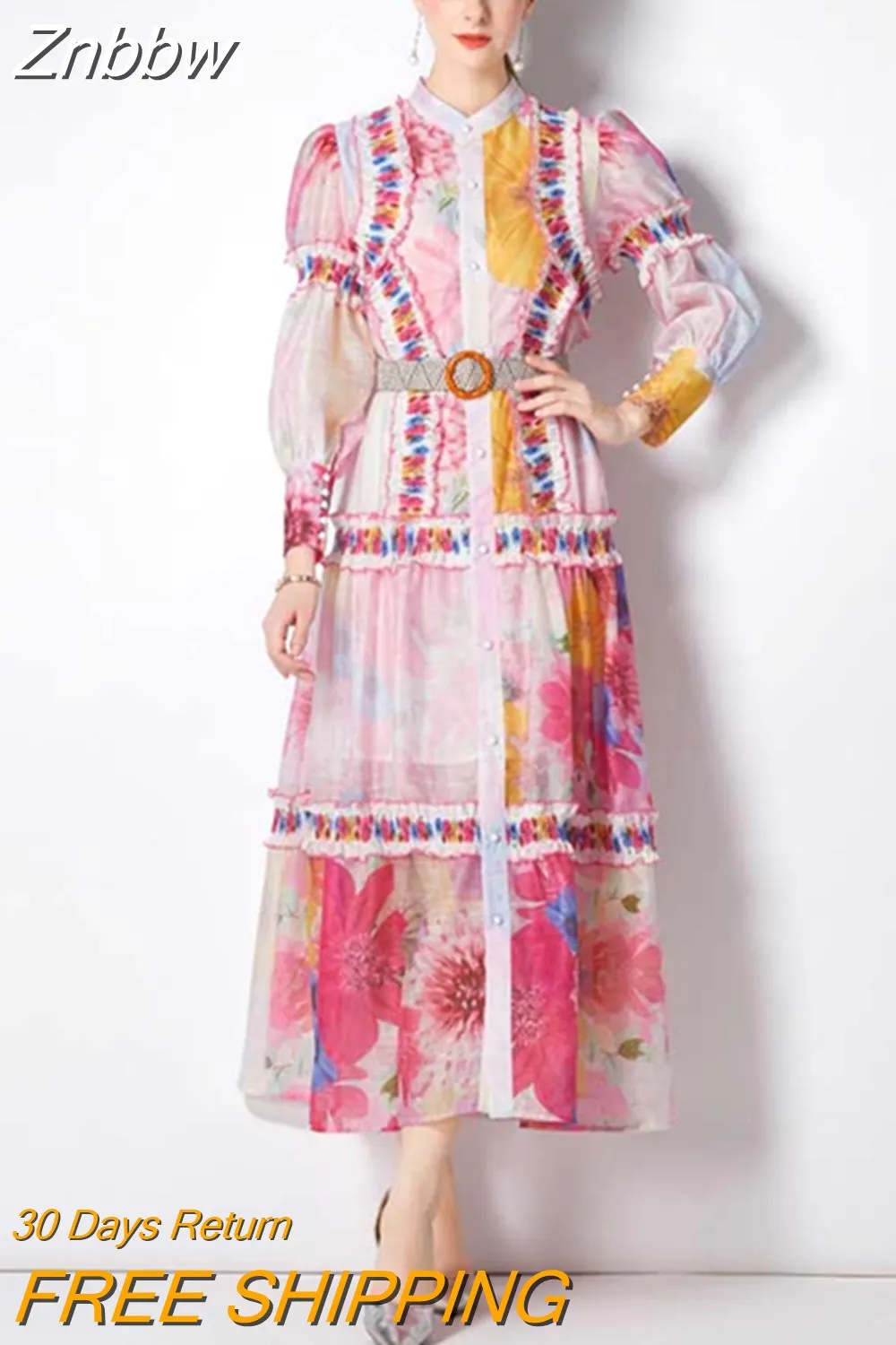 Znbbw Women Flower Print Holiday Beach Maxi Dress Runway Stand Collar Long Lantern Sleeve Colorblock Ruffles Party Vestidos
