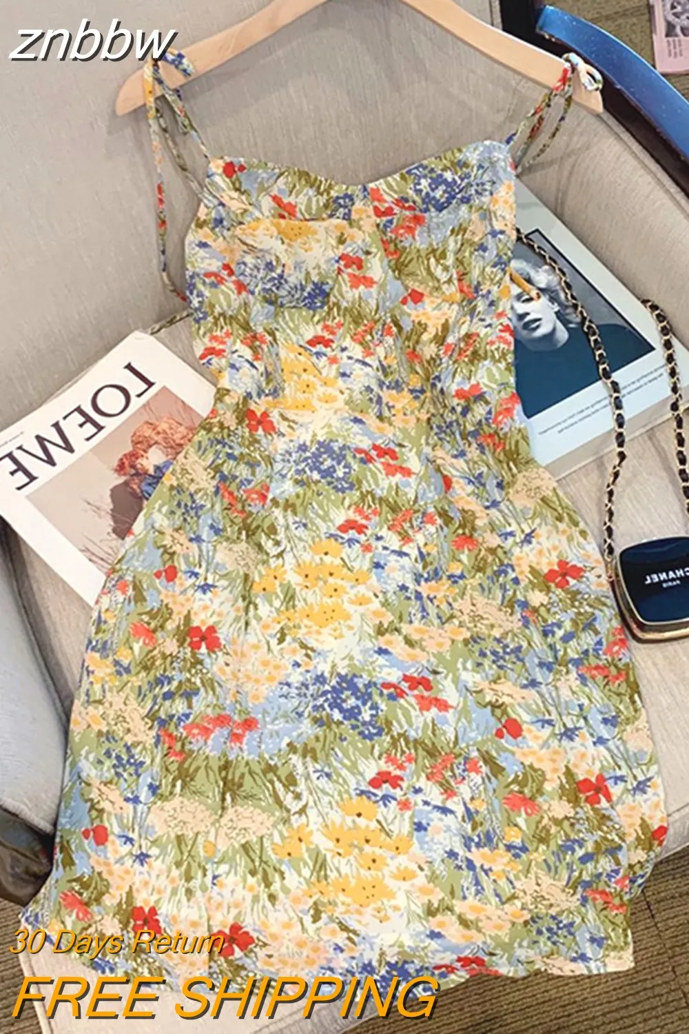 znbbw Sexy Print Tie Shoulder Cami Dress For Women Summer New High Waist Chiffon Bust Mini Dress Beach Holiday Sundress Mujer