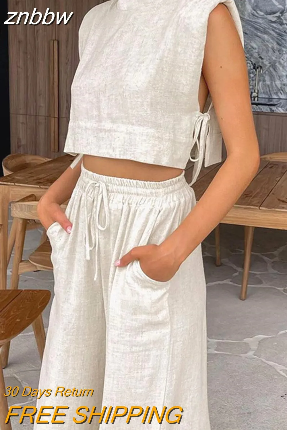 znbbw 2023 Women Holiday Linen Pant Set Crop Tops Solid Outfits 2 Two Piece Matching Set For Women Sleeveless Casuals Fashion