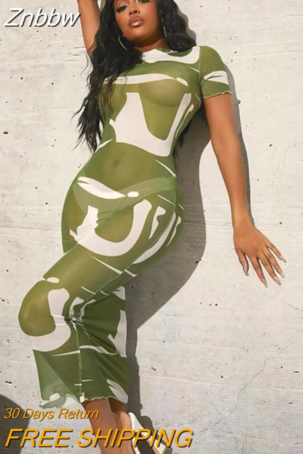 Znbbw Fashion Sexy Mesh Maxi Dress Simple Elegant Casual Office Lady Short Sleeve O Neck Long Bodycon Dresses Female Vacation