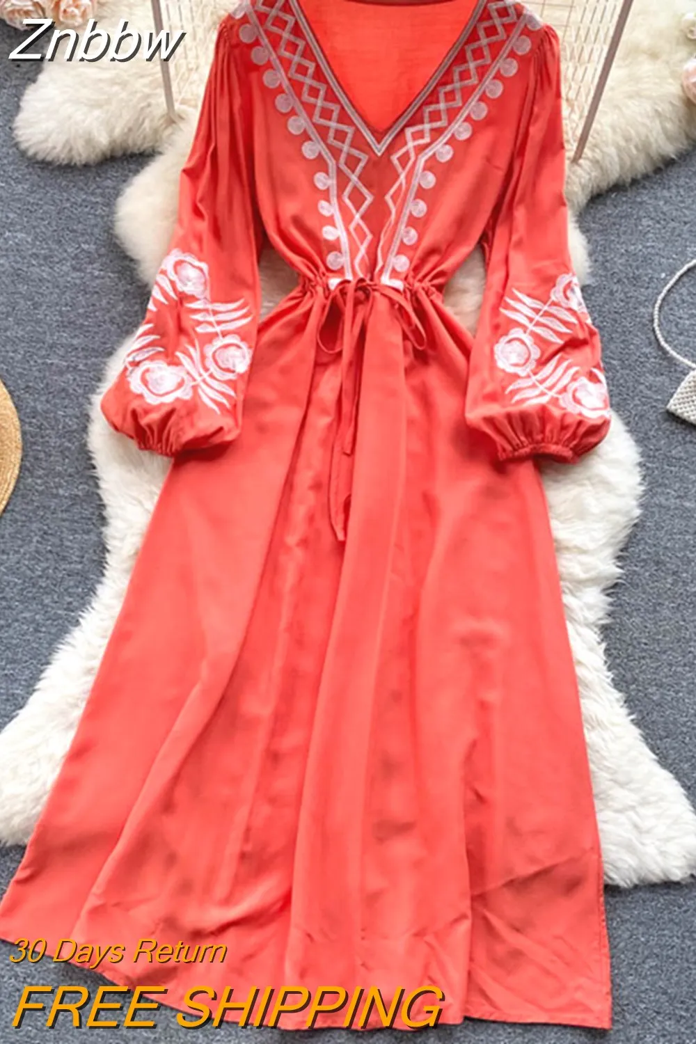 Znbbw Autumn Waist Slim Embroidery Temperament V-neck Dress Female Hepburn Style Lantern Sleeve Black Long Vestidos Women D1570