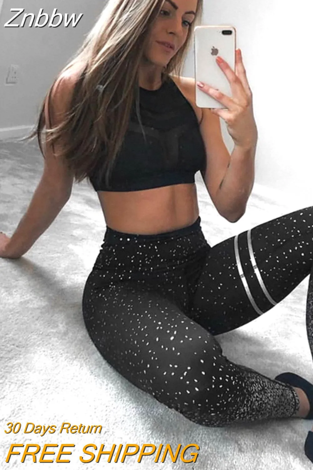 Znbbw Women Leggings No Transparent Metallic Foil Print Leggings Exercise Fitness Patchwork Push Up Female Yoga Pants