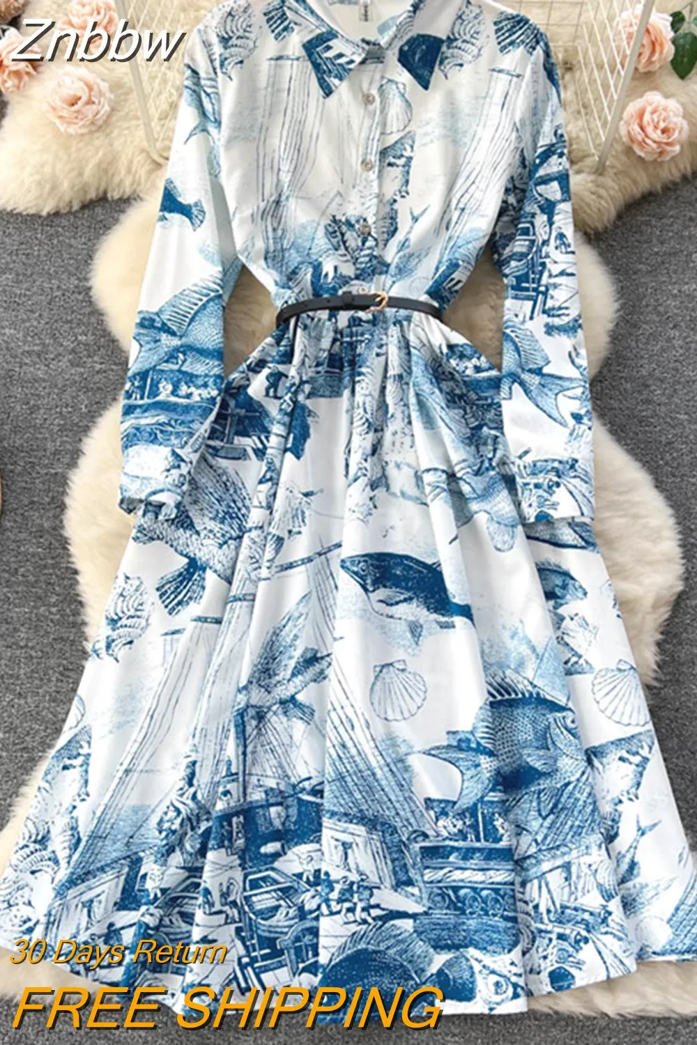 Znbbw Fashion Spring Summer Retro Print Shirt Dresses for Women Long Sleeve Single Breasted Vintage Holiday Vestidos Blue