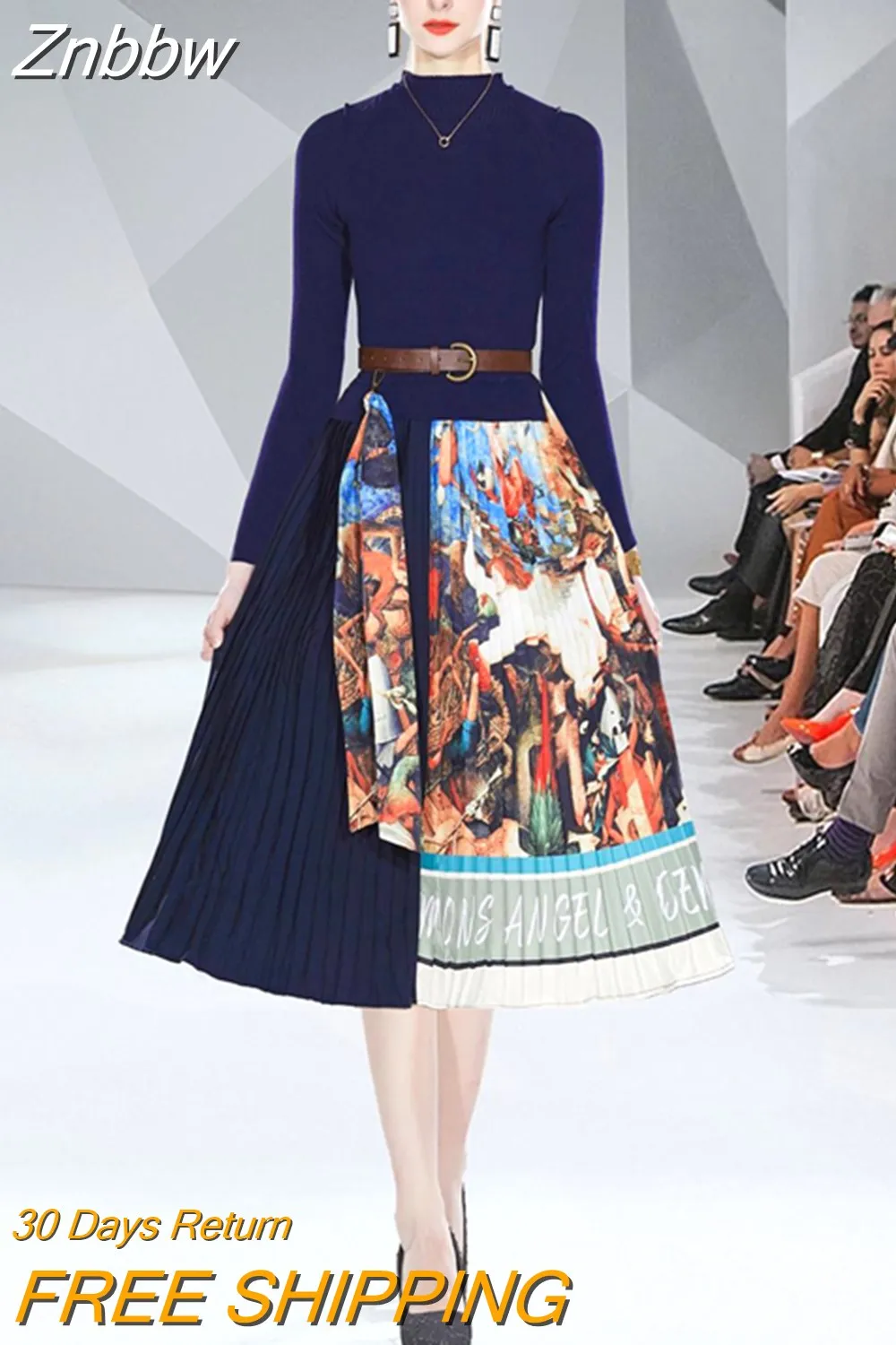 Znbbw Elegant Women's Knitted Patchwork Printing Pleated Dress Spring Autumn Fashion Long Sleeve O Neck Belt Midi Dresses