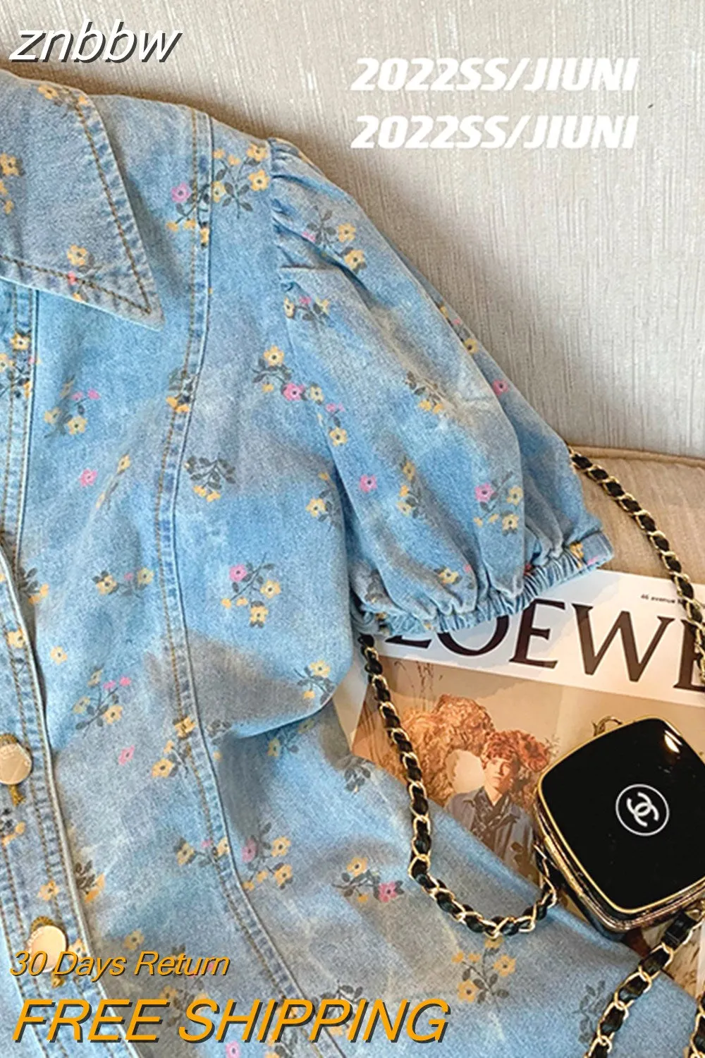 znbbw Women Fashion A-line Mini Denim Dress Summer Single-Breasted Short Puff Sleeve Turn-down Collar Floral Split Jean Dresses Female